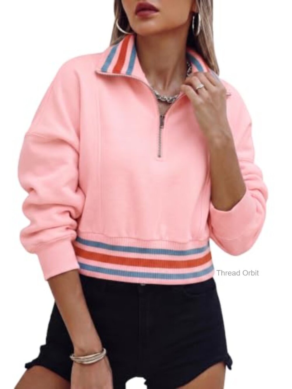 Fisoew Womens Half Zip Crop Pullover Sweatshirt Stripe Long Sleeve Jacket